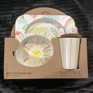 Kids Bamboo Set Natural Home Sunshine Stripes Divided Plate Bowl Cup Fork Spoon